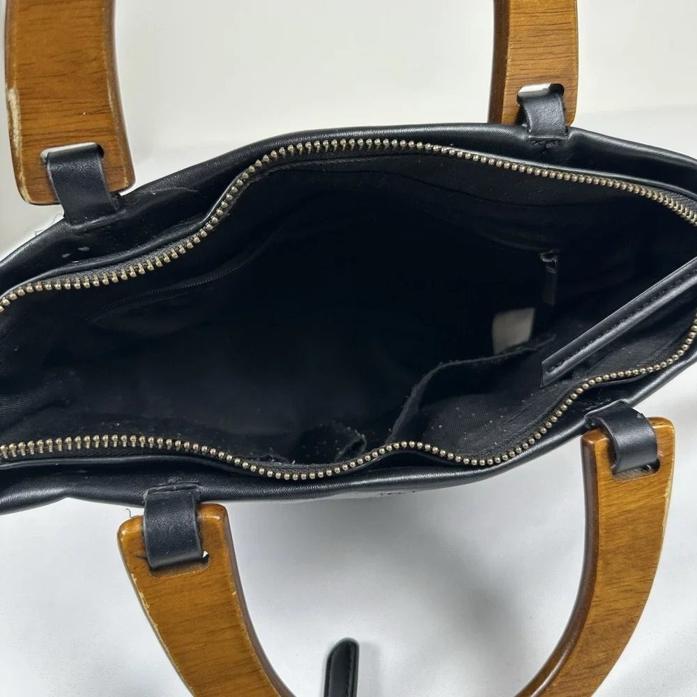 by Anthropologie Black Woven Leather Bag Wood Handle Crossbody Bucket Boho 80s